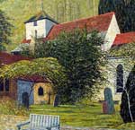 Clayton Saxon Church A church scene with a bench and headstones in the foeground