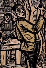 Two butchers working; one chopping one hanging up carcass
