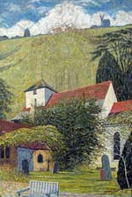 A church scene with a bench and headstones in the foeground