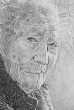 Elderly woman with a whispy hair and inquisitive face
